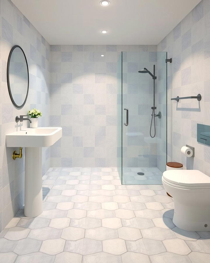 Monochromatic Grey Hexagon Tiles - 30 Bathrooms With Hexagon Tile Floors