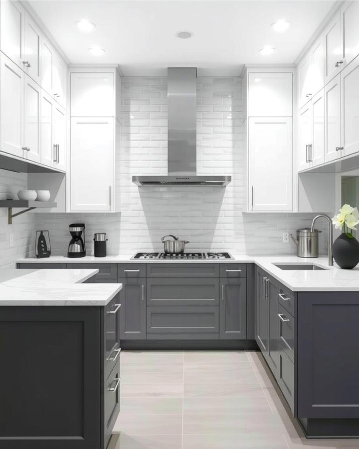 Monochromatic Layers with White Cabinets and a Grey Island - 25 White Kitchen Cabinets With Grey Island Ideas