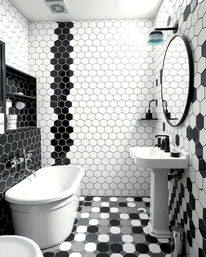 Monochrome Magic with Black and White Hexagon Tiles - 30 Bathrooms With Hexagon Tile Floors