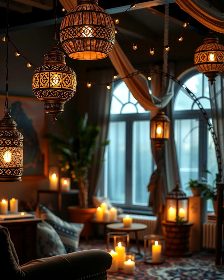 Moody Lighting with Lanterns - 25 Moody Boho Living Room Ideas