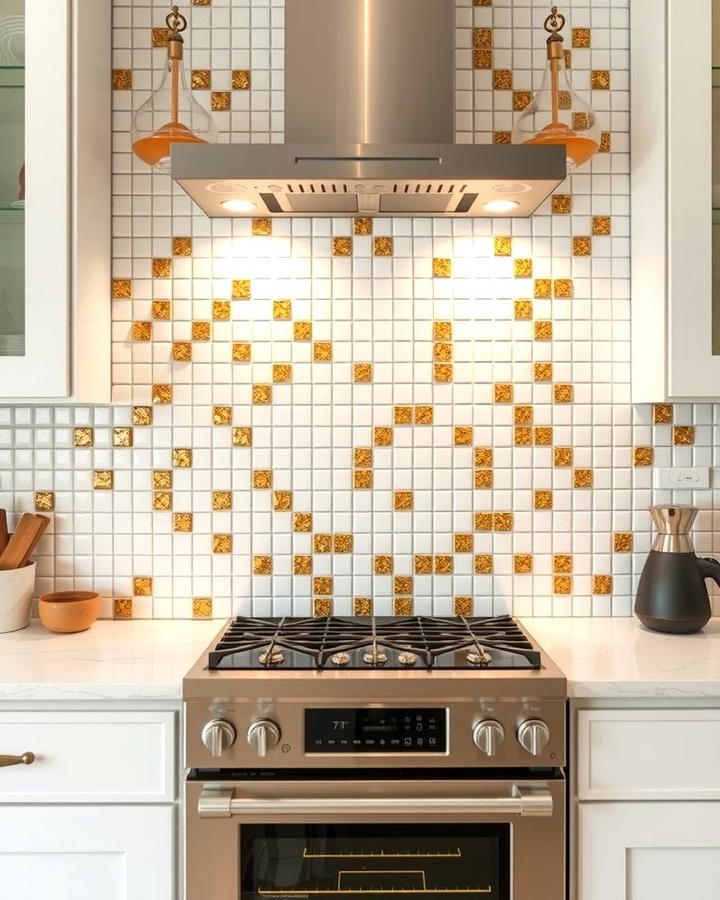 Mosaic Backsplash with White and Gold Pieces - 25 White and Gold Kitchen Backsplash Ideas