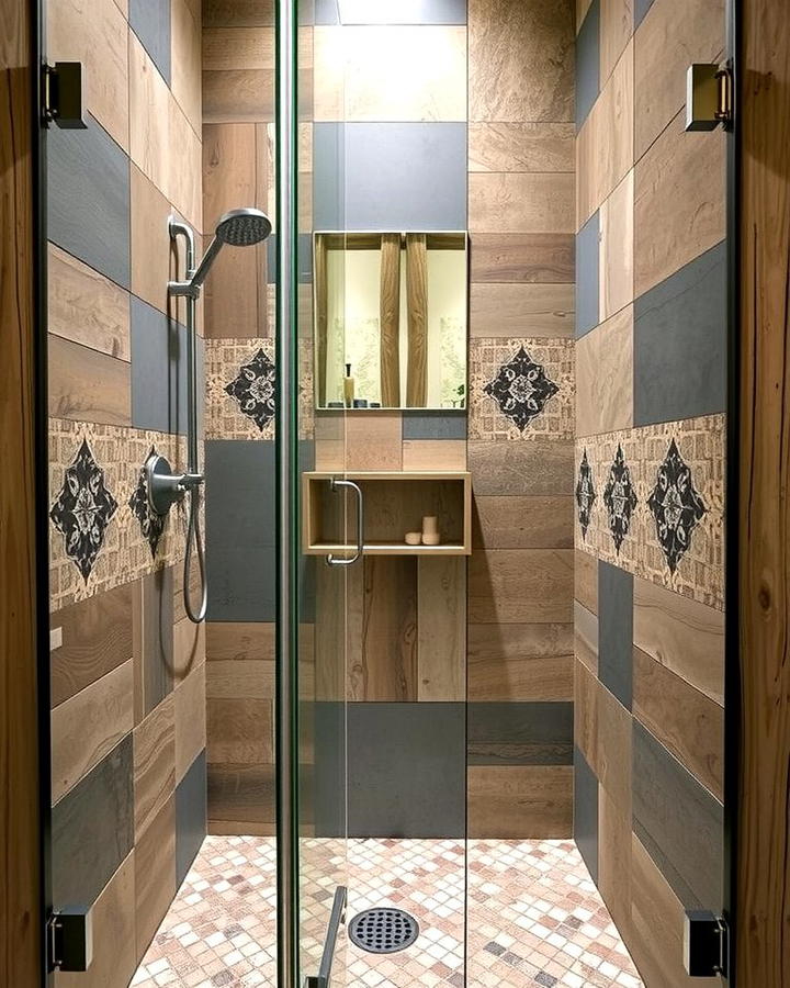 Mosaic Tile Accents for Artistic Detail - 25 Rustic Walk-in Shower Ideas