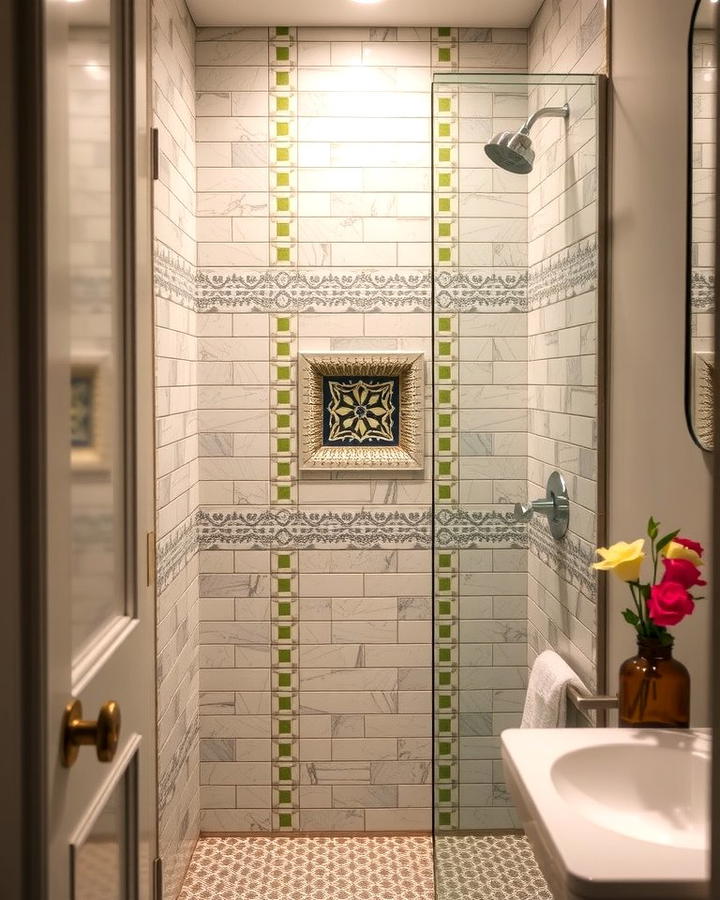 Mosaic Tile Accents for Visual Interest - 25 Small Bathroom Walk-in Shower Ideas