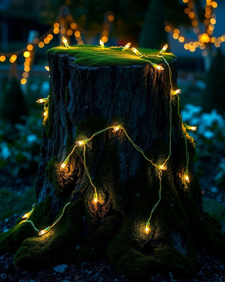 Moss Covered Stump with Fairy Lights - 25 Tree Stump Fairy Garden Ideas