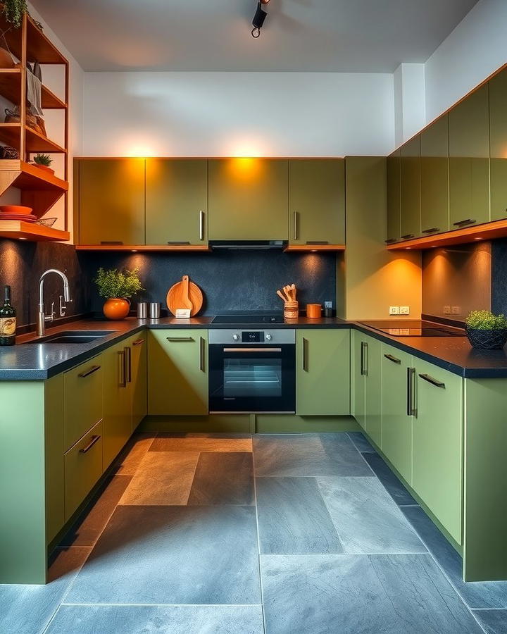 Moss Green Cabinets with Black Concrete Countertops - 30 Green Kitchen Cabinets With Black Countertops