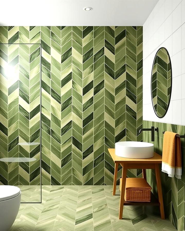 Moss Green Chevron Tiles - 30 Green Bathroom Tile Ideas