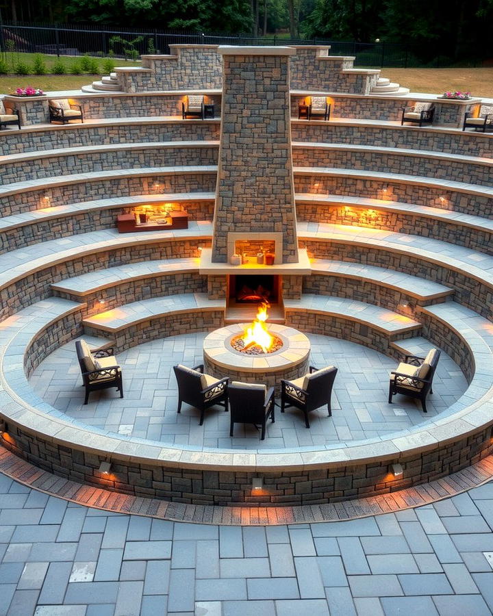 Multi Level Fireplace with Tiered Seating - 25 Outdoor Corner Fireplace Ideas