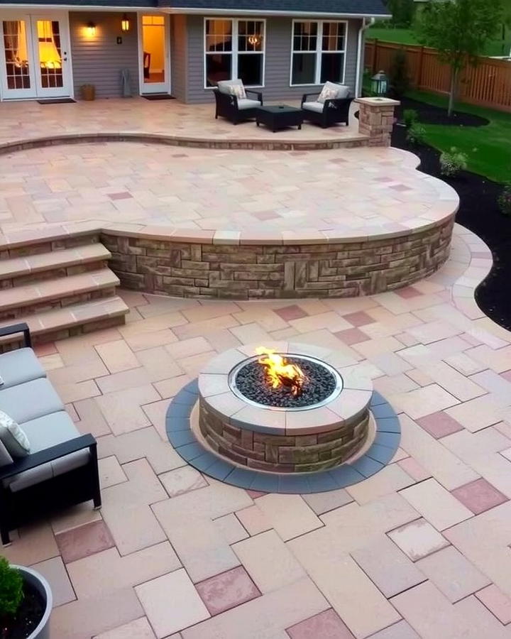 Multi Tiered Patio with Fire Pit on the Lower Level - 25 Stamped Concrete Patio With Fire Pit Ideas