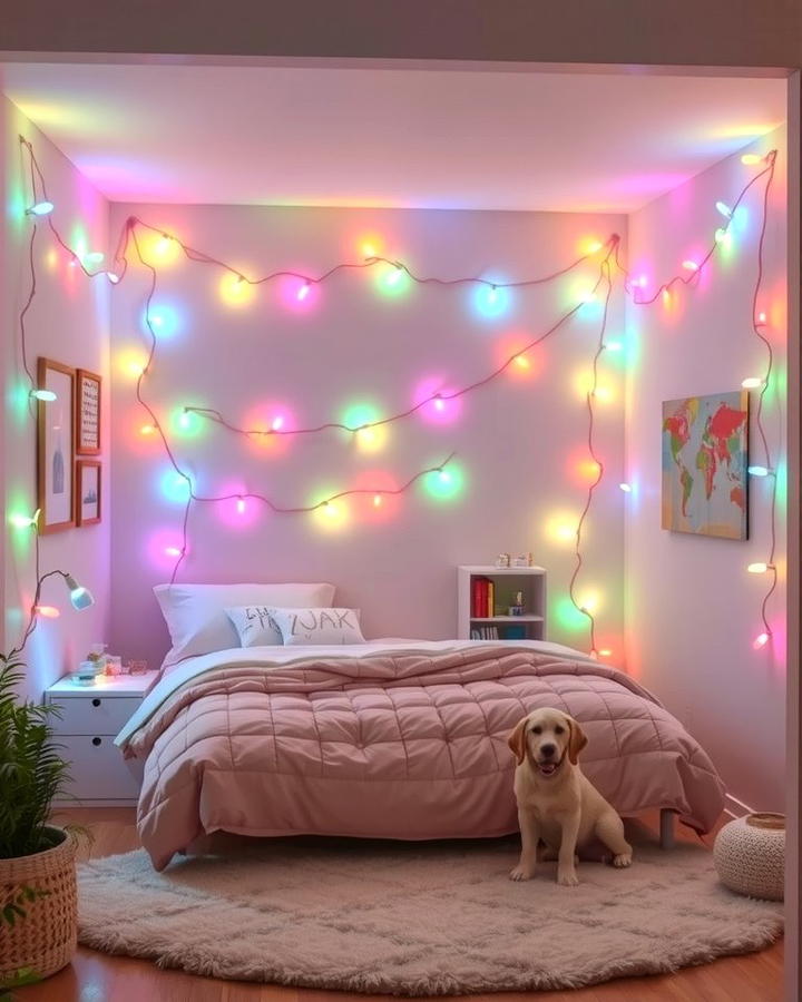 Multicolored String Lights - 25 Rainbow Bedroom Ideas