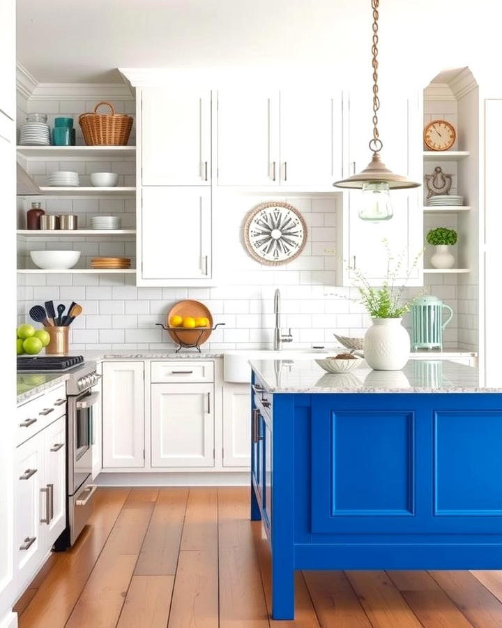 Nautical Theme with White Cabinets and Cobalt Blue Island - 25 White Kitchen Cabinets With Blue Island