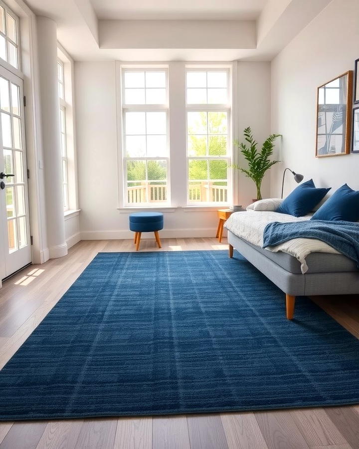 Navy Blue Area Rug on Grey Flooring - 25 Navy Blue and Grey Bedroom Ideas