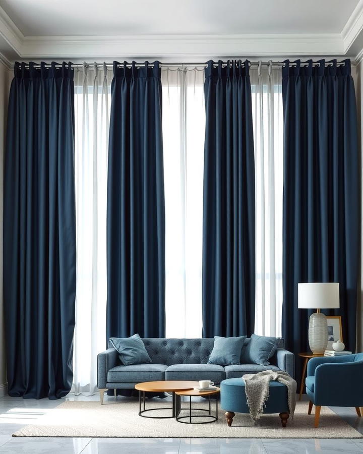 Navy Blue Curtains with Light Grey Walls - 30 Blue and Grey Living Room Ideas