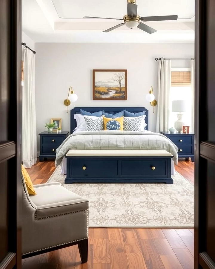 Navy Blue Storage Bench - 25 Navy Blue Bedroom Ideas