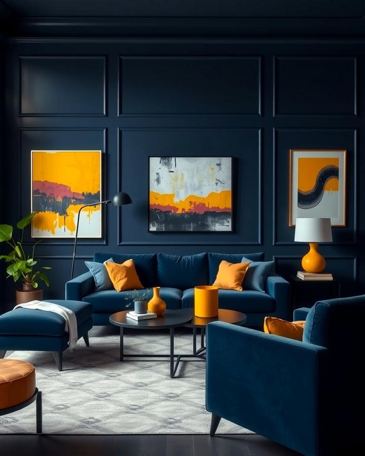 Navy Blue Walls with Yellow Art Pieces - 25 Yellow and Blue Living Room Ideas