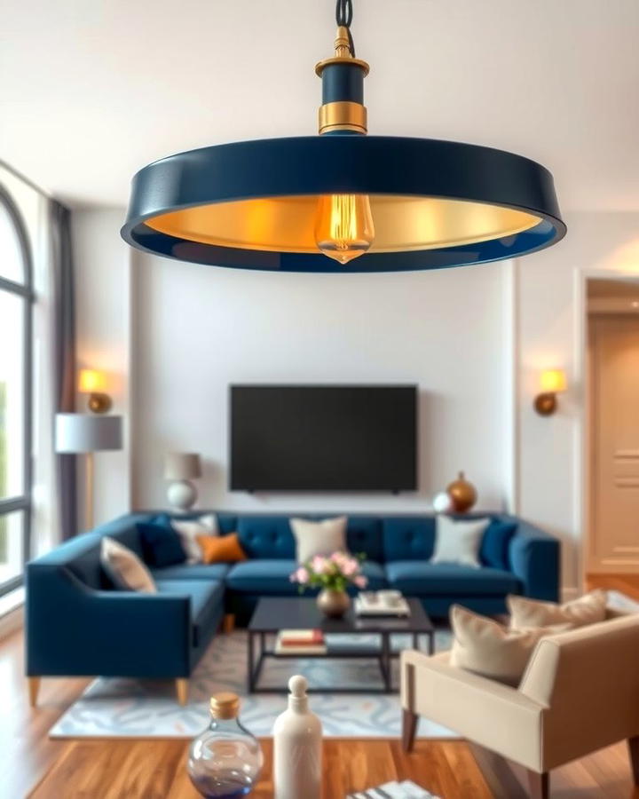 Navy Blue and Brass Light Fixtures - 25 Navy Blue Living Room Ideas