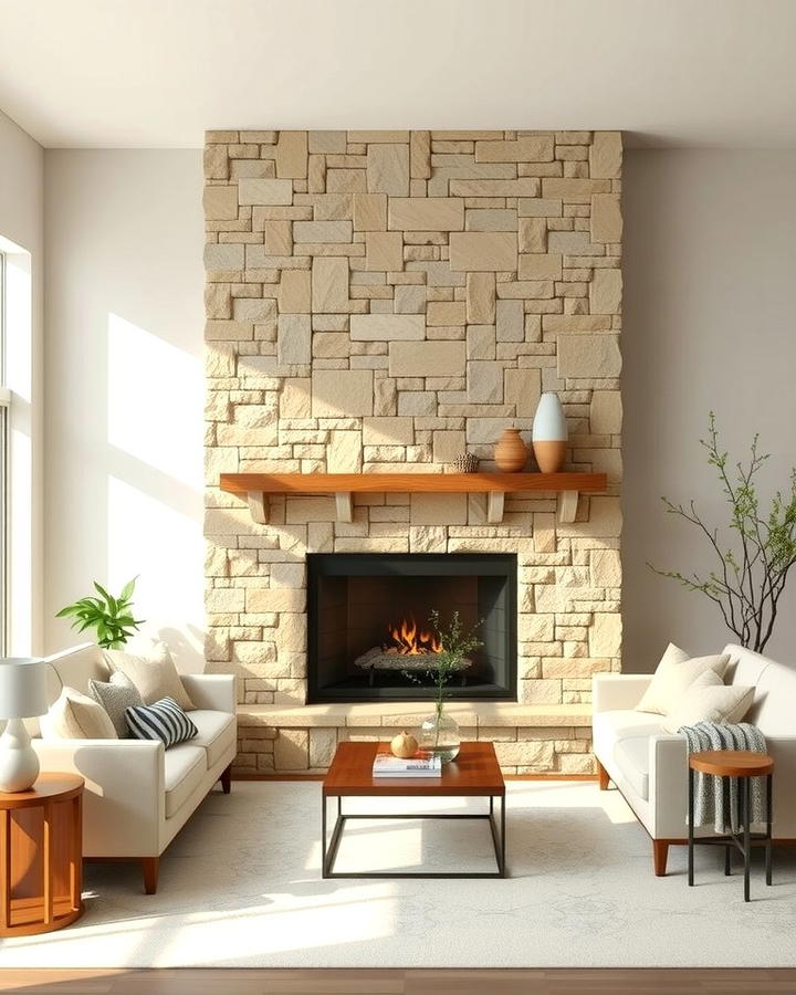 Neutral Tone Perfection - 25 Stacked Stone Fireplace Ideas