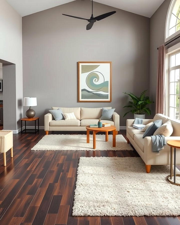 Neutral Tones for a Balanced Look - 30 Grey Living Room With Dark Wood Floors