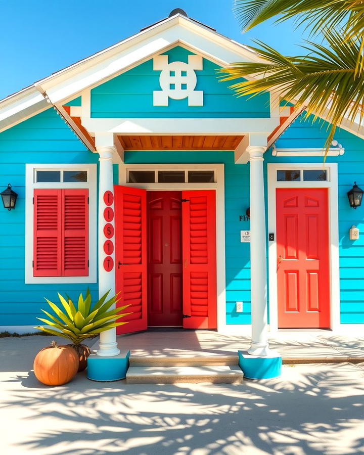 Ocean Blue with White and Coral Highlights - 30 blue exterior house paint ideas