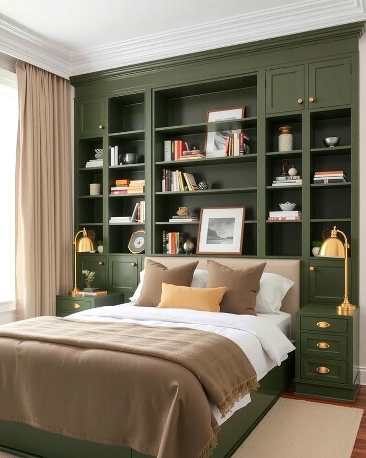 Olive Green Built In Shelving - 30 Olive Green Bedroom Ideas