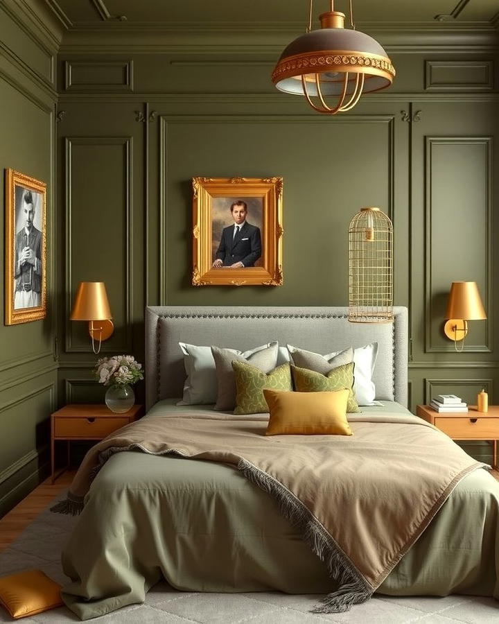 Olive Green and Gold Accents - 30 Olive Green Bedroom Ideas