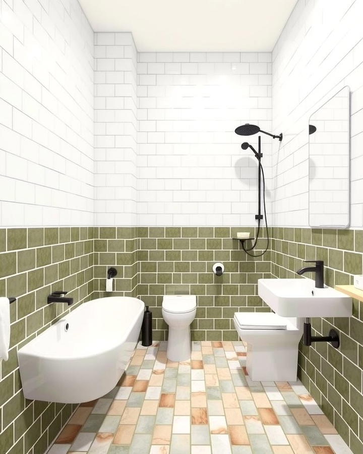 Olive Green and White Contrast - 30 Green Bathroom Tile Ideas