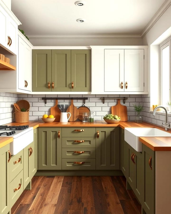 Olive Green and White Rustic Charm - 25 Two Tone Kitchen Cabinet Ideas