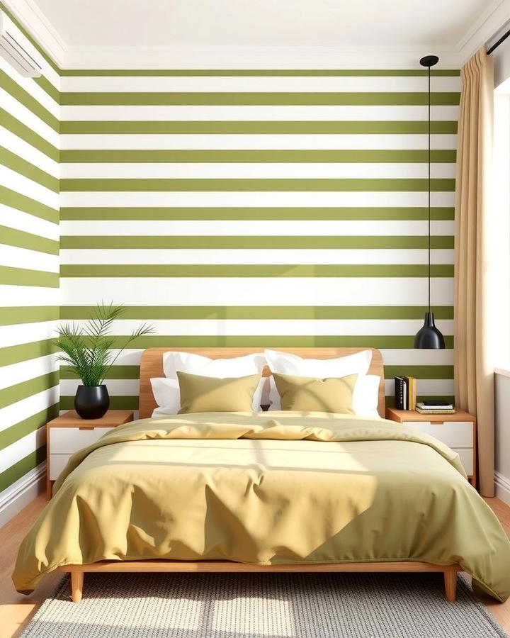 Olive Green and White Striped Walls - 30 Olive Green Bedroom Ideas