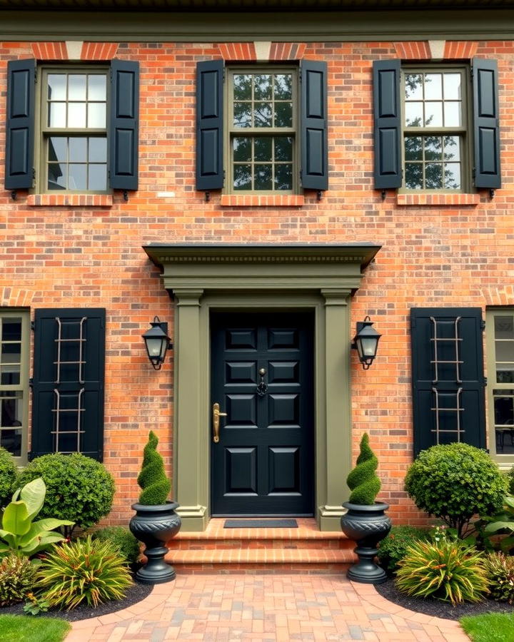 Olive Green with Black Shutters - 30 Green Brick Exterior Home Ideas