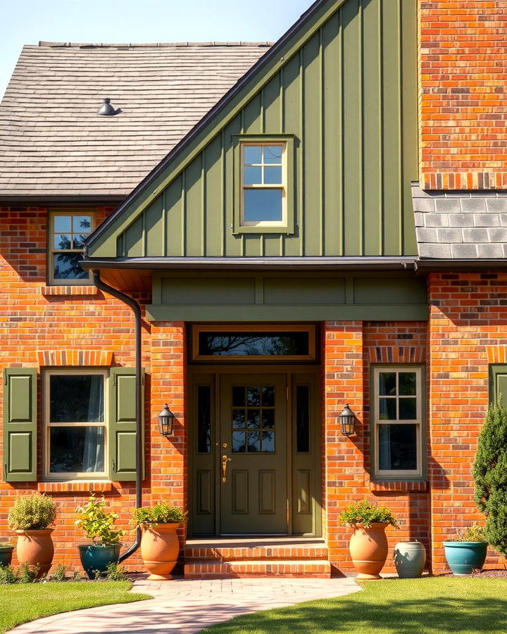 Olive Green with Red Brick Accents - 25 Olive Green House Exterior Ideas