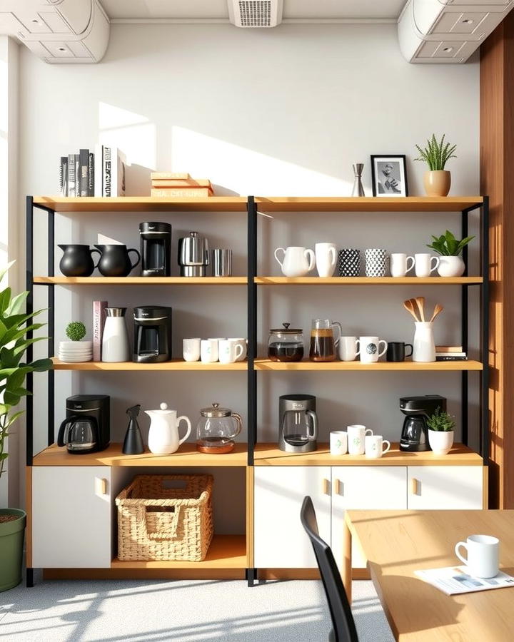 Open Shelf Coffee Display - 25 Office Coffee Station Ideas