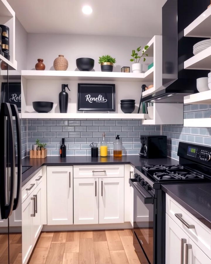 Open Shelving Accents with Black Appliances - 30 White Kitchen with Black Appliances Ideas