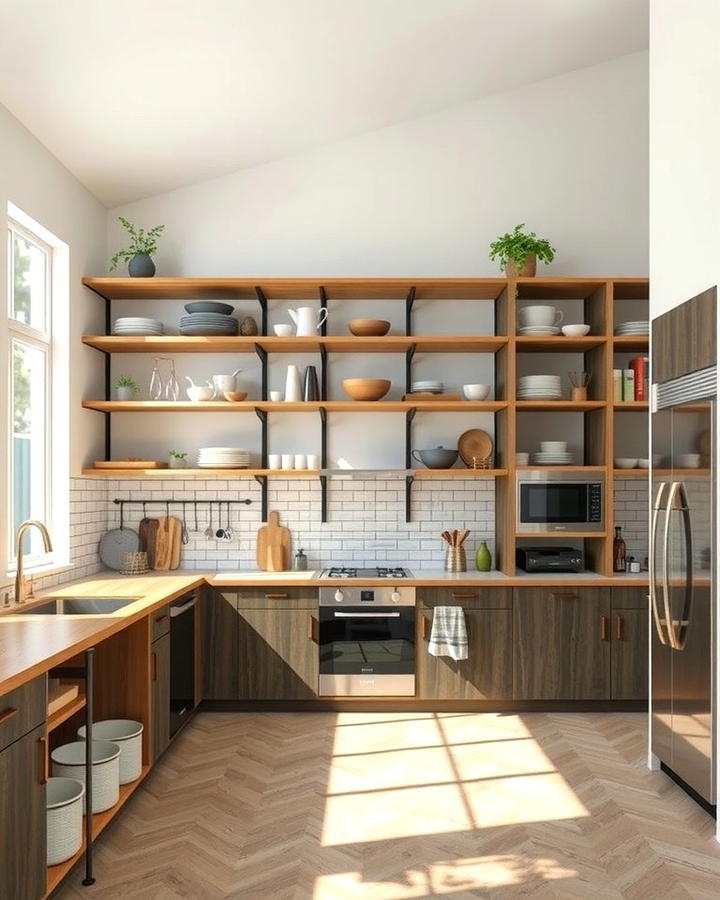 Open Shelving Along Levels - 30 Split Level Kitchen Design Ideas