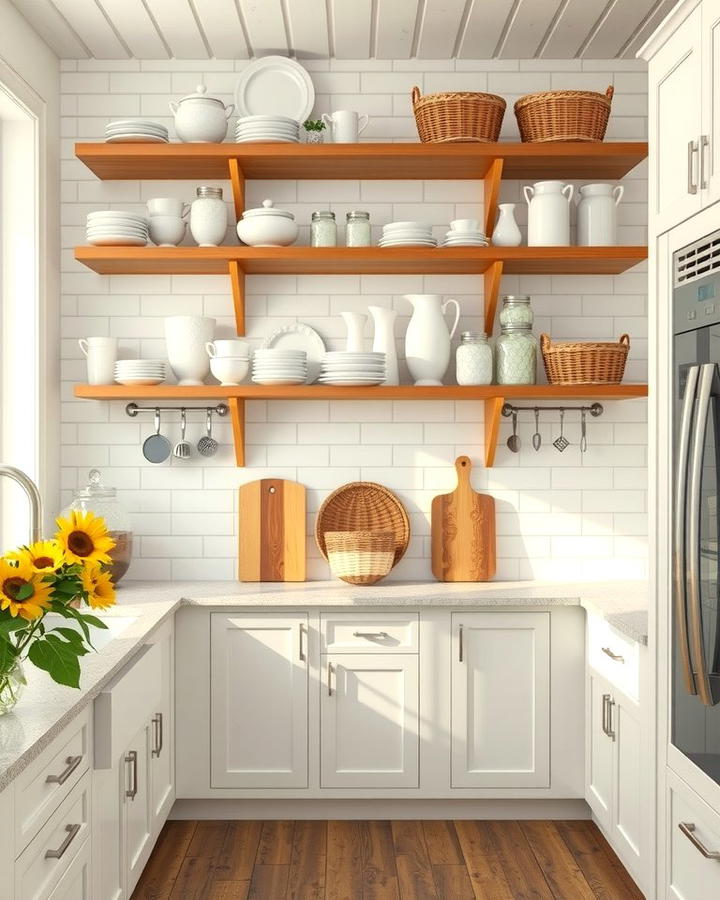 Open Shelving for Display - 30 White Farmhouse Kitchen Ideas