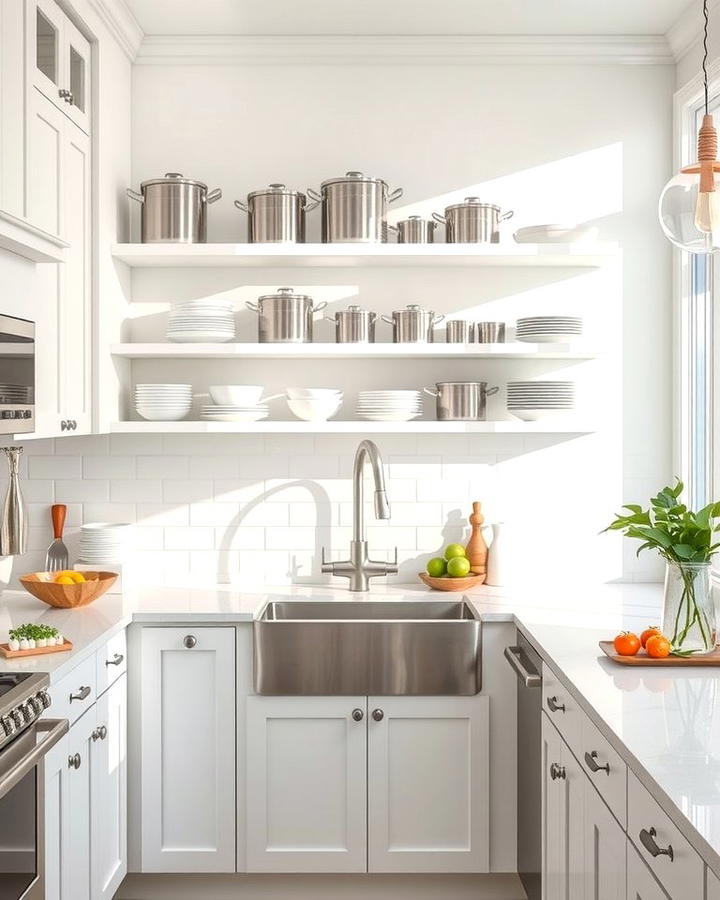 Open Shelving to Showcase Stainless Steel Cookware - 25 White Kitchen with Stainless Steel Appliances Ideas