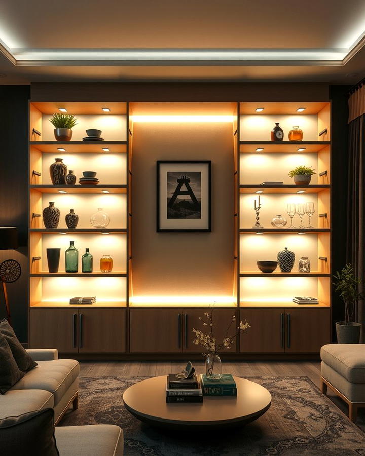 Open Shelving with Backlighting for Drama - 30 Living Room Shelf Ideas