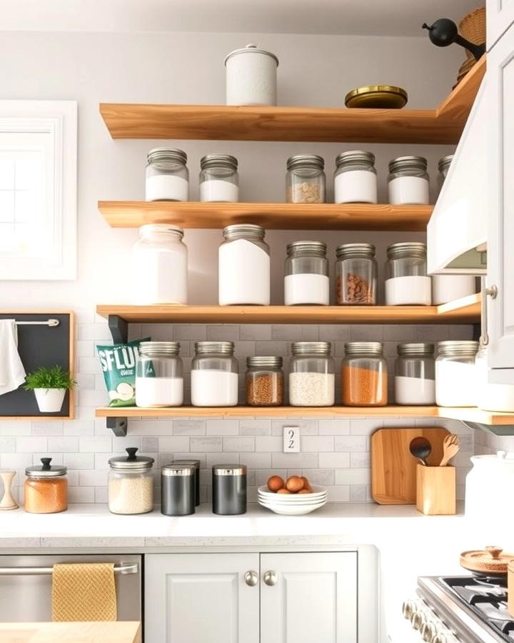 Open Shelving with Glass Jars for Pantry Items - 25 Open Shelving Kitchen Ideas