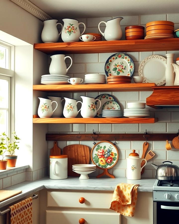 Open Shelving with Nostalgic Dishware - 25 Vintage Kitchen Ideas