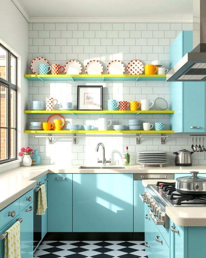 Open Shelving with Retro Dishware - 25 Retro Kitchen Ideas