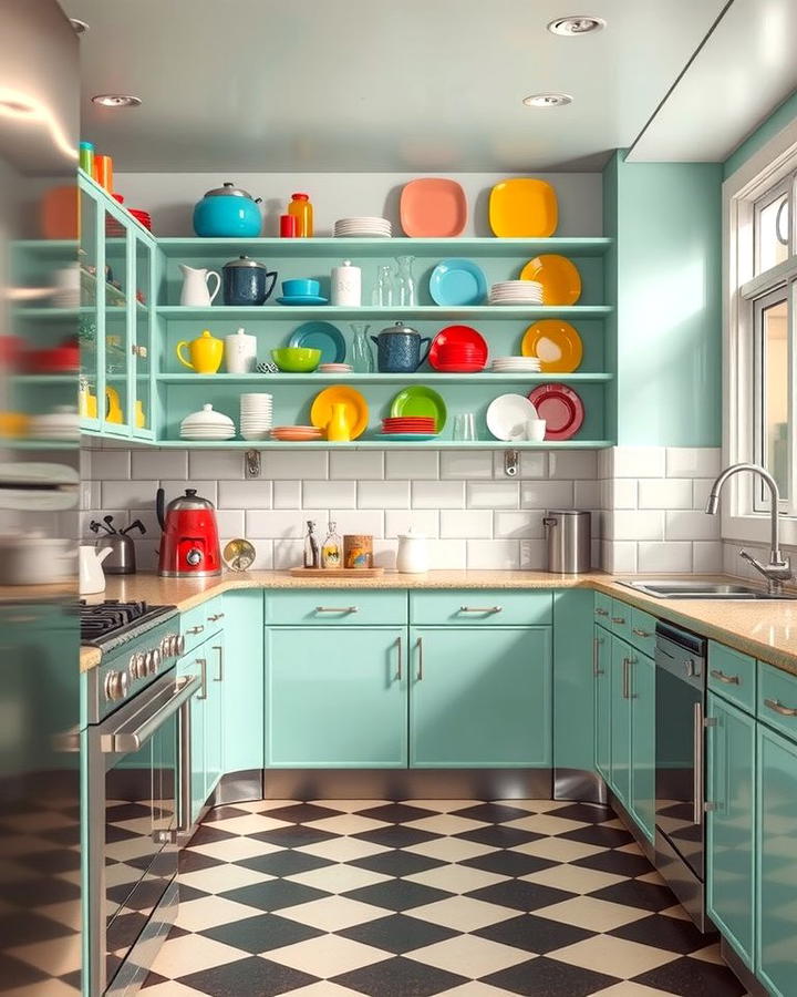 Open Shelving with Retro Touches - 25 Retro Kitchen Ideas