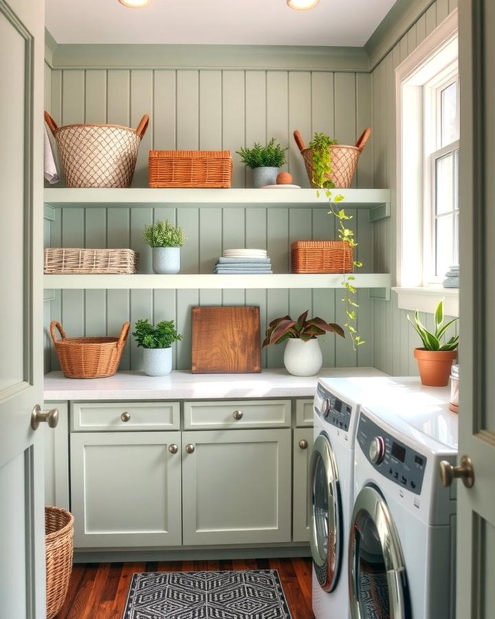 Open Shelving with Sage Green Accents - 25 Sage Green Laundry Room Ideas