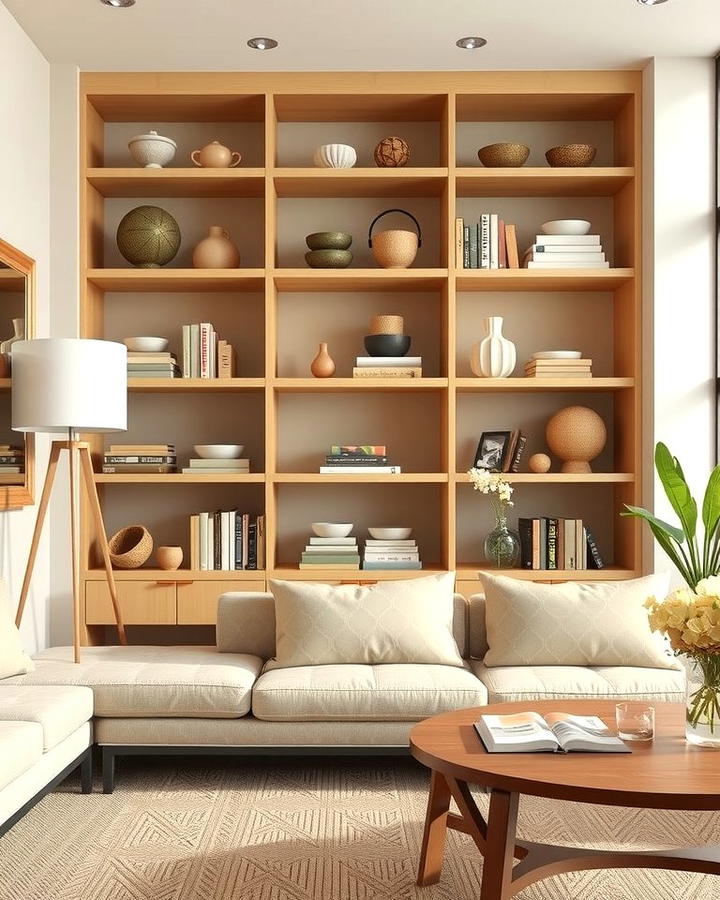 Open Shelving with Tan Decor - 25 Tan Living Room Ideas