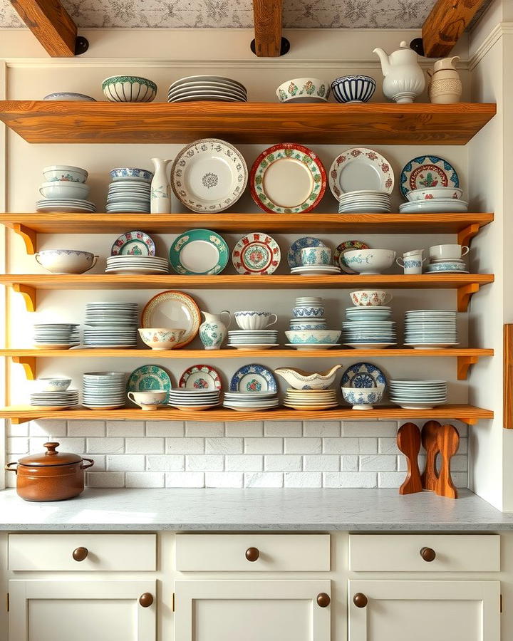 Open Shelving with Vintage Dishware - 25 Vintage Kitchen Ideas