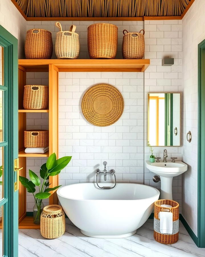 Open Shelving with Woven Baskets - 25 Tropical Bathroom Ideas