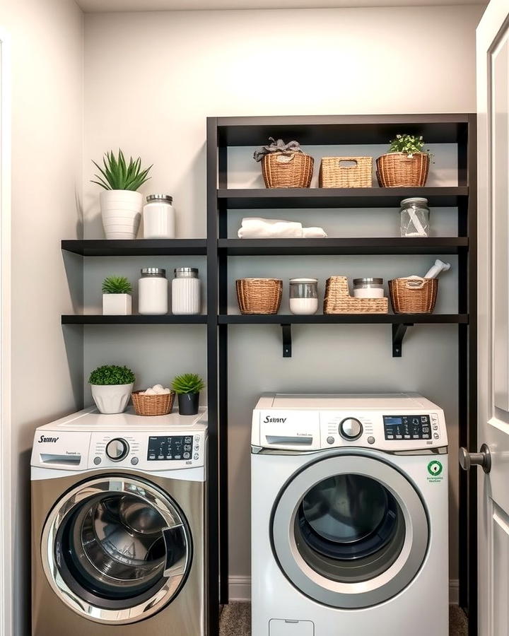 Open Shelving with a Black Finish - 30 black laundry room ideas