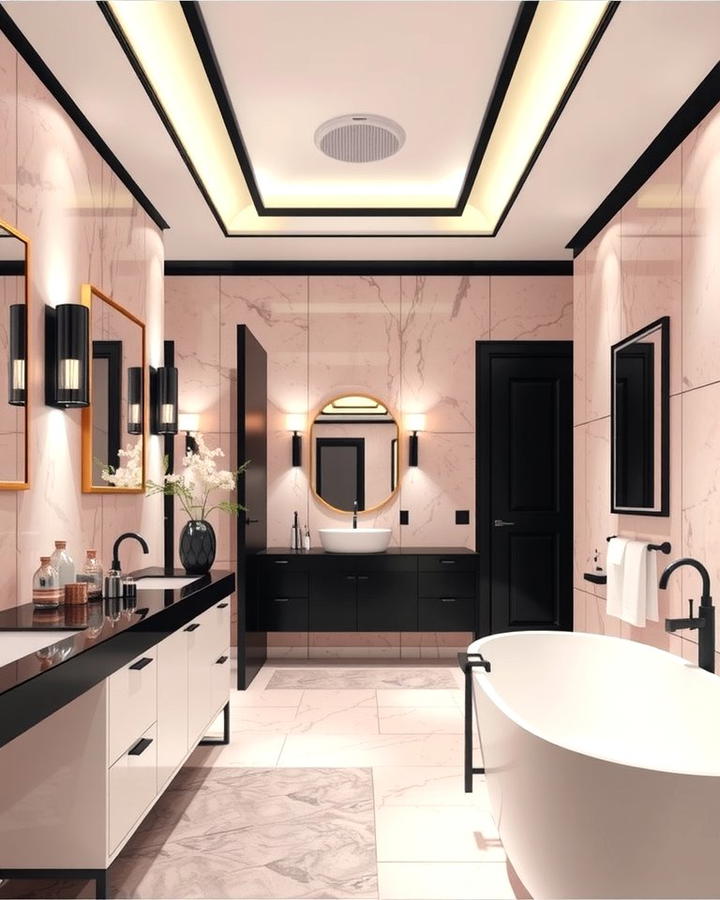 Opt for Pink Marble Accents with Black Details - 25 Pink and Black Bathroom Ideas