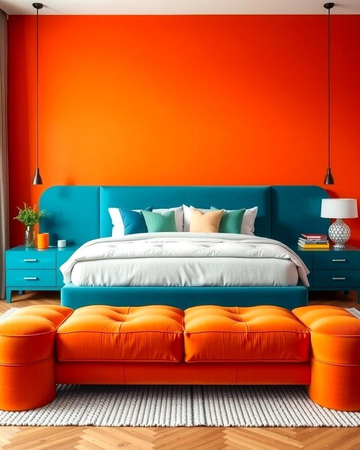 Orange Accent Wall with Teal Furniture - 25 Teal and Orange Bedroom Ideas