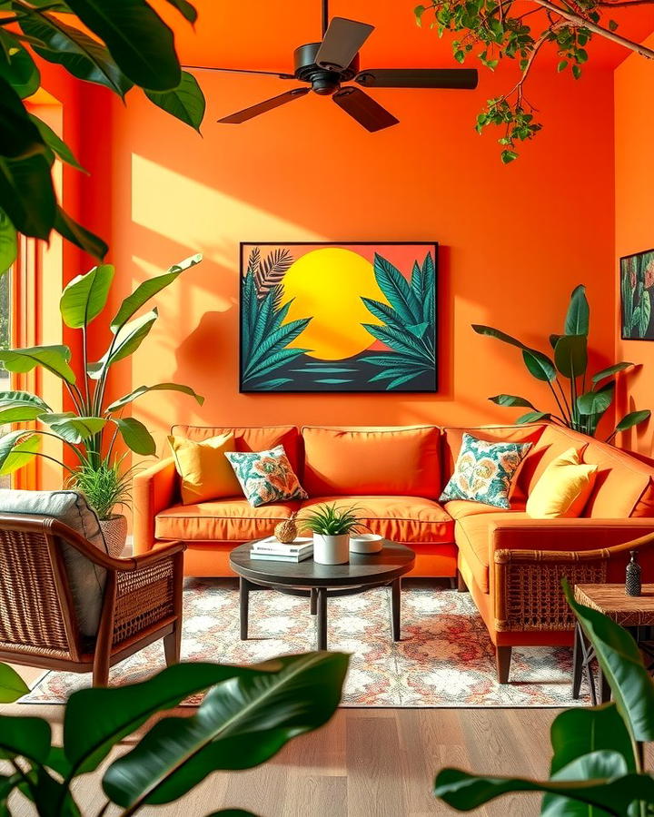 Orange Couch in a Tropical Inspired Theme - 25 Orange Couch Living Room Ideas