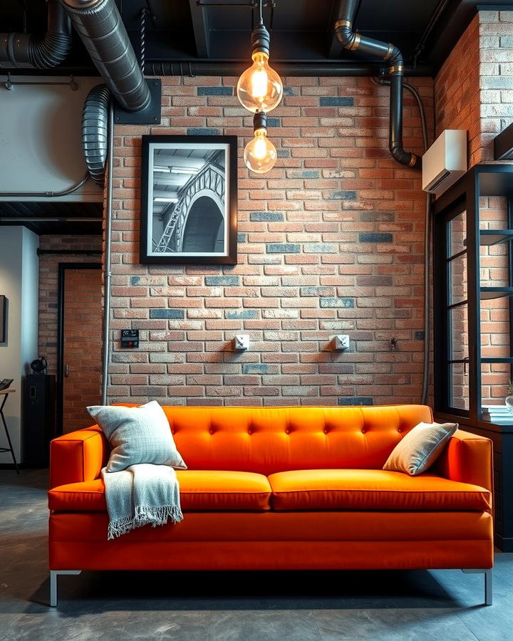 Orange Couch with Industrial Design Elements - 25 Orange Couch Living Room Ideas