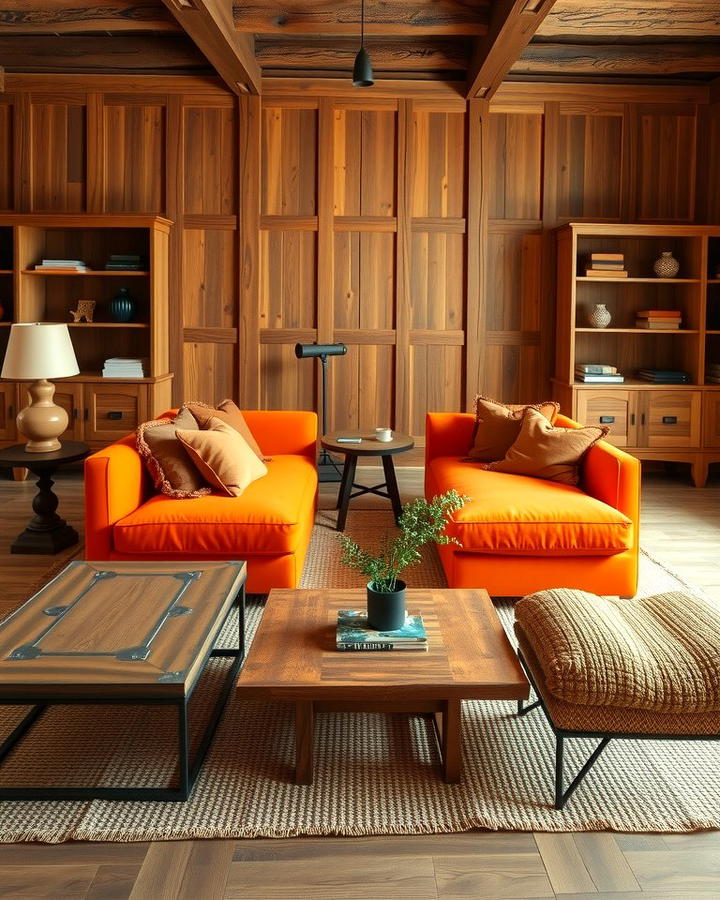 Orange Couch with Rustic Wooden Accents - 25 Orange Couch Living Room Ideas