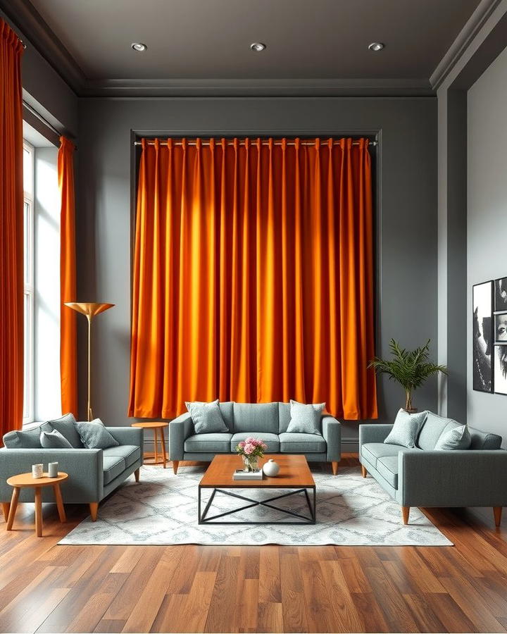 Orange Curtains Against Grey Walls - 25 Orange and Grey Living Room Ideas